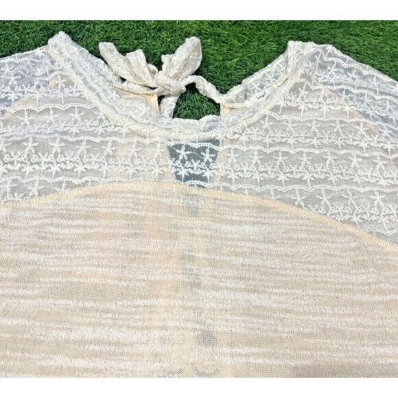 Anthropologie hazel Light Weight Long Sleeve Semi-Sheer Cream Sweater w/ Lace M - Picture 2 of 7